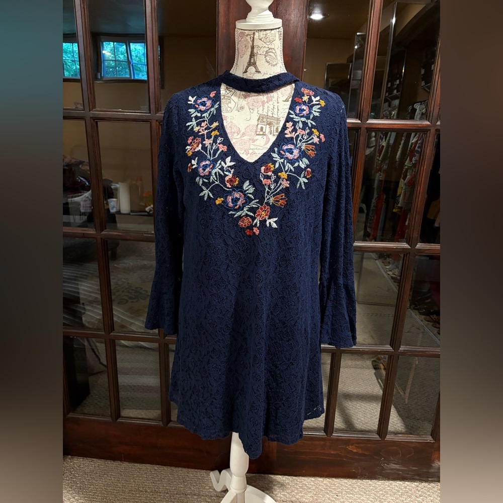 Xhilaration Dark Blue Dress with Colorful Embroidery